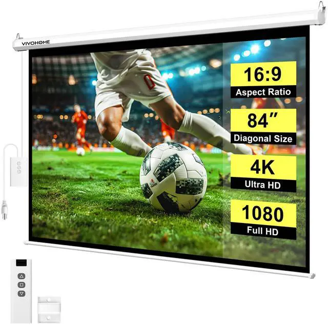 Main image of 84 Inch 16:9 Motorized Projector Screen with Remote, Auto Electric Projection Screen, HD 4K Movie Screen for Home Theater, Cinema, Office (73W x 41H Display Area), White