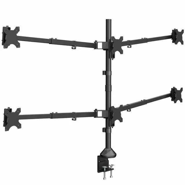 Main image of Premium Hex Ultra Wide LCD LED 27 to 38 inch Monitor Desk Mount, Heavy Duty C-clamp, Extra Tall Pole, Adjustable Telescoping Arms, Flush Wall Setup, Fits 6 Screens, Black, STAND-TS06C