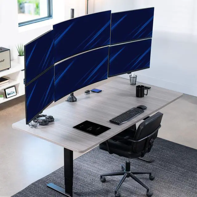 Alt view image 2 of 6 - Premium Hex Ultra Wide LCD LED 27 to 38 inch Monitor Desk Mount, Heavy Duty C-clamp, Extra Tall Pole, Adjustable Telescoping Arms, Flush Wall Setup, Fits 6 Screens, Black, STAND-TS06C