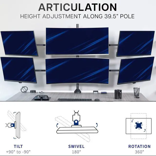 Alt view image 3 of 6 - Premium Hex Ultra Wide LCD LED 27 to 38 inch Monitor Desk Mount, Heavy Duty C-clamp, Extra Tall Pole, Adjustable Telescoping Arms, Flush Wall Setup, Fits 6 Screens, Black, STAND-TS06C