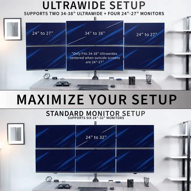 Alt view image 4 of 6 - Premium Hex Ultra Wide LCD LED 27 to 38 inch Monitor Desk Mount, Heavy Duty C-clamp, Extra Tall Pole, Adjustable Telescoping Arms, Flush Wall Setup, Fits 6 Screens, Black, STAND-TS06C