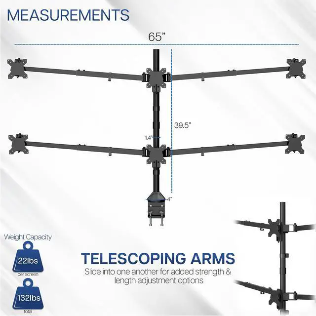 Alt view image 5 of 6 - Premium Hex Ultra Wide LCD LED 27 to 38 inch Monitor Desk Mount, Heavy Duty C-clamp, Extra Tall Pole, Adjustable Telescoping Arms, Flush Wall Setup, Fits 6 Screens, Black, STAND-TS06C