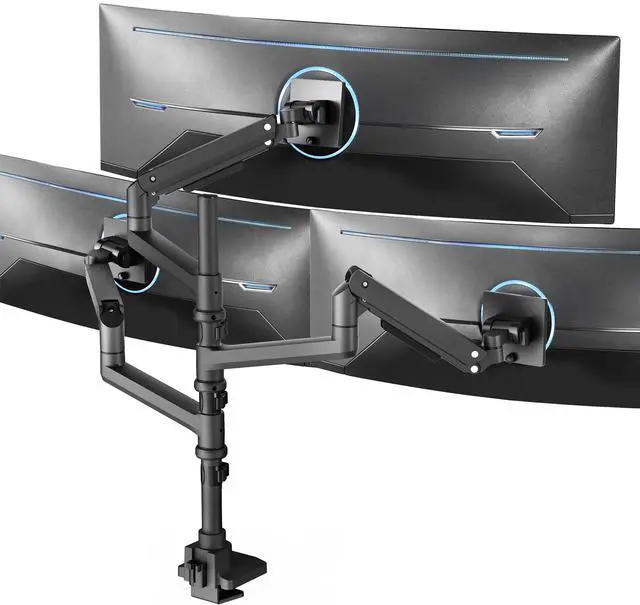 Main image of Pneumatic Arm Triple Ultrawide Monitor Extra Tall Desk Mount for Up to 49 inch Screens, Heavy Duty Clamp, Holds 3 Ultra Wides Up to 44 lbs, Black, STAND-V300D