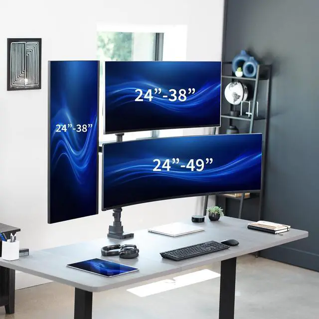Alt view image 2 of 6 - Pneumatic Arm Triple Ultrawide Monitor Extra Tall Desk Mount for Up to 49 inch Screens, Heavy Duty Clamp, Holds 3 Ultra Wides Up to 44 lbs, Black, STAND-V300D