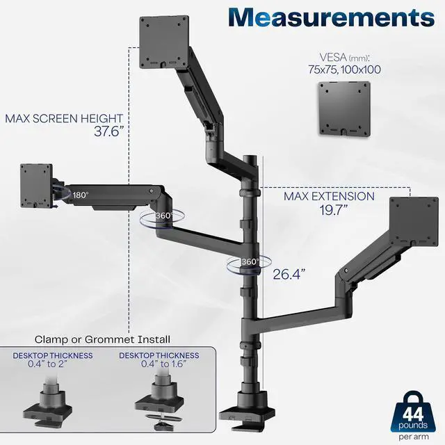 Alt view image 3 of 6 - Pneumatic Arm Triple Ultrawide Monitor Extra Tall Desk Mount for Up to 49 inch Screens, Heavy Duty Clamp, Holds 3 Ultra Wides Up to 44 lbs, Black, STAND-V300D