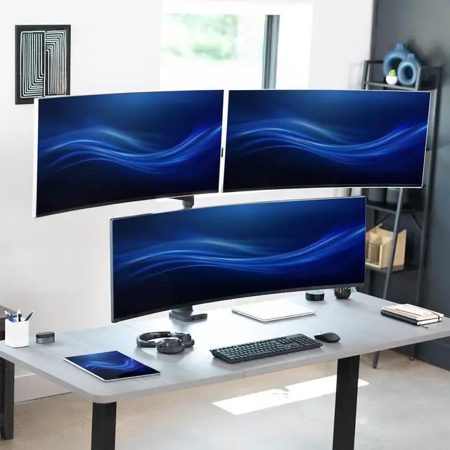 Alt view image 4 of 6 - Pneumatic Arm Triple Ultrawide Monitor Extra Tall Desk Mount for Up to 49 inch Screens, Heavy Duty Clamp, Holds 3 Ultra Wides Up to 44 lbs, Black, STAND-V300D
