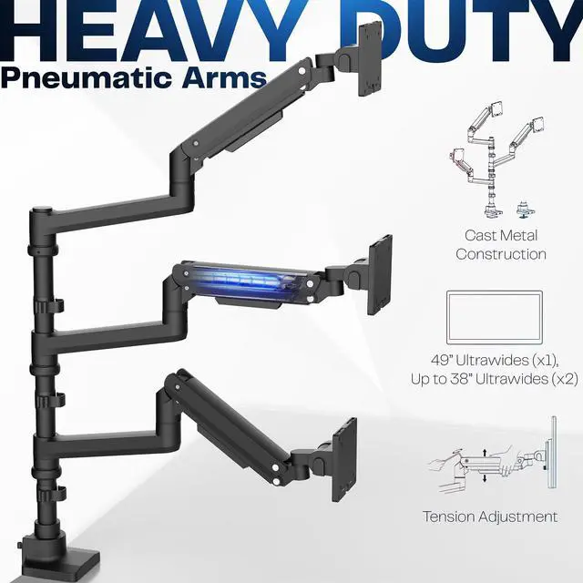 Alt view image 5 of 6 - Pneumatic Arm Triple Ultrawide Monitor Extra Tall Desk Mount for Up to 49 inch Screens, Heavy Duty Clamp, Holds 3 Ultra Wides Up to 44 lbs, Black, STAND-V300D