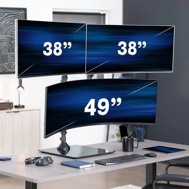 Alt view image 2 of 6 - Pneumatic Arm Triple Ultrawide Monitor Desk Stand for Up to 49 inch Screens with Tempered Glass Base, Holds 3 Ultra Wides Up to 33 lbs Each, Black, STAND-V300FG