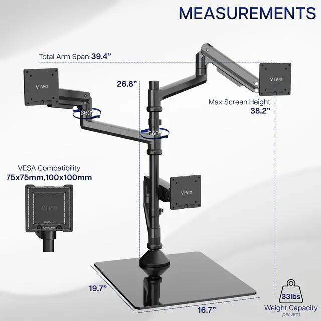 Alt view image 3 of 6 - Pneumatic Arm Triple Ultrawide Monitor Desk Stand for Up to 49 inch Screens with Tempered Glass Base, Holds 3 Ultra Wides Up to 33 lbs Each, Black, STAND-V300FG