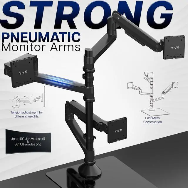 Alt view image 4 of 6 - Pneumatic Arm Triple Ultrawide Monitor Desk Stand for Up to 49 inch Screens with Tempered Glass Base, Holds 3 Ultra Wides Up to 33 lbs Each, Black, STAND-V300FG