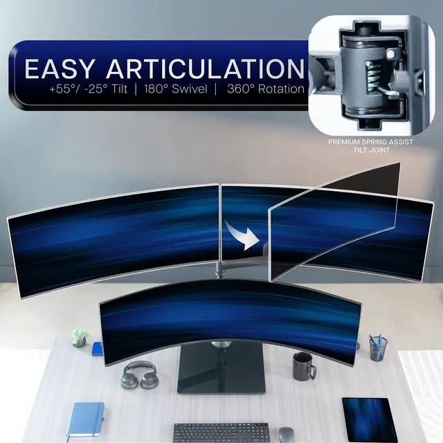 Alt view image 5 of 6 - Pneumatic Arm Triple Ultrawide Monitor Desk Stand for Up to 49 inch Screens with Tempered Glass Base, Holds 3 Ultra Wides Up to 33 lbs Each, Black, STAND-V300FG