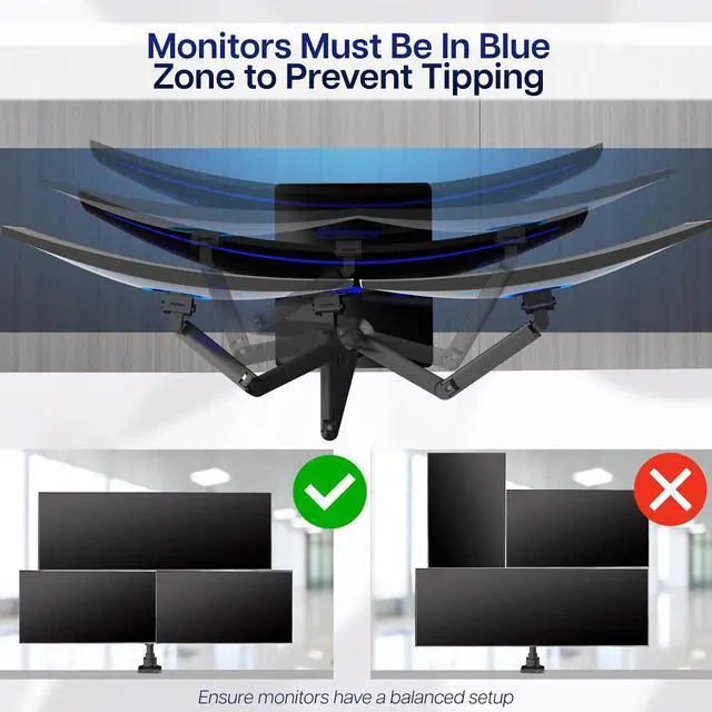 Alt view image 6 of 6 - Pneumatic Arm Triple Ultrawide Monitor Desk Stand for Up to 49 inch Screens with Tempered Glass Base, Holds 3 Ultra Wides Up to 33 lbs Each, Black, STAND-V300FG