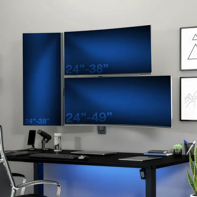 Alt view image 2 of 6 - Pneumatic Arm Triple Ultrawide Monitor Wall Mount for Up to 49 inch Screens with Height Adjustment, Heavy Duty, Holds 3 Ultra Wides Up to 35.2 lbs, Black, MOUNT-VW300D