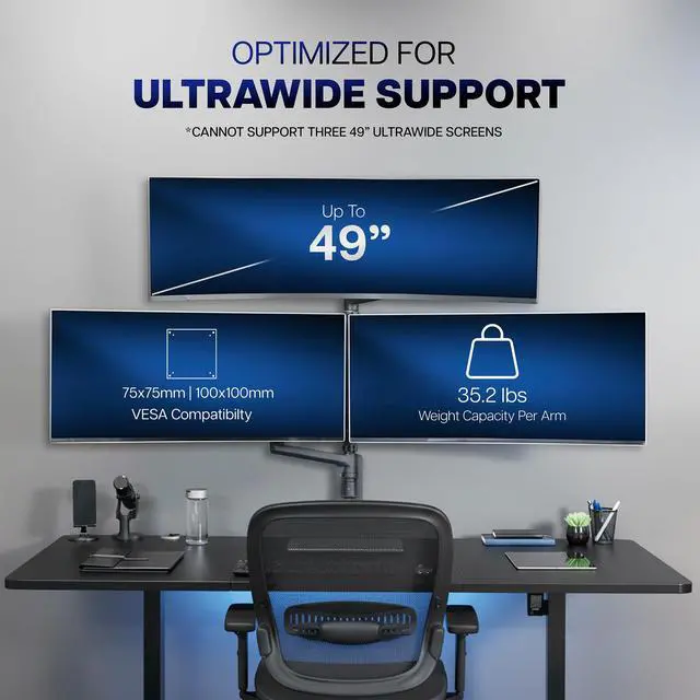 Alt view image 3 of 6 - Pneumatic Arm Triple Ultrawide Monitor Wall Mount for Up to 49 inch Screens with Height Adjustment, Heavy Duty, Holds 3 Ultra Wides Up to 35.2 lbs, Black, MOUNT-VW300D