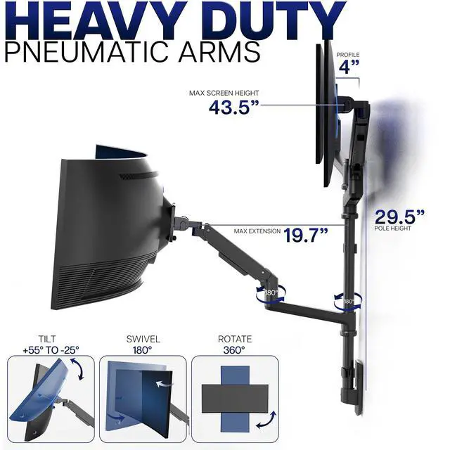 Alt view image 4 of 6 - Pneumatic Arm Triple Ultrawide Monitor Wall Mount for Up to 49 inch Screens with Height Adjustment, Heavy Duty, Holds 3 Ultra Wides Up to 35.2 lbs, Black, MOUNT-VW300D