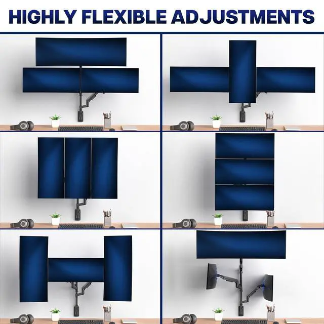 Alt view image 6 of 6 - Pneumatic Arm Triple Ultrawide Monitor Wall Mount for Up to 49 inch Screens with Height Adjustment, Heavy Duty, Holds 3 Ultra Wides Up to 35.2 lbs, Black, MOUNT-VW300D
