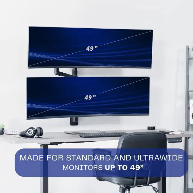 Alt view image 2 of 6 - Pneumatic Arm Dual Ultrawide Monitor Wall Mount for Up to 49 inch Screens, Holds 2 Ultra Wides Up to 33.5 lbs Each, Black, MOUNT-V120K
