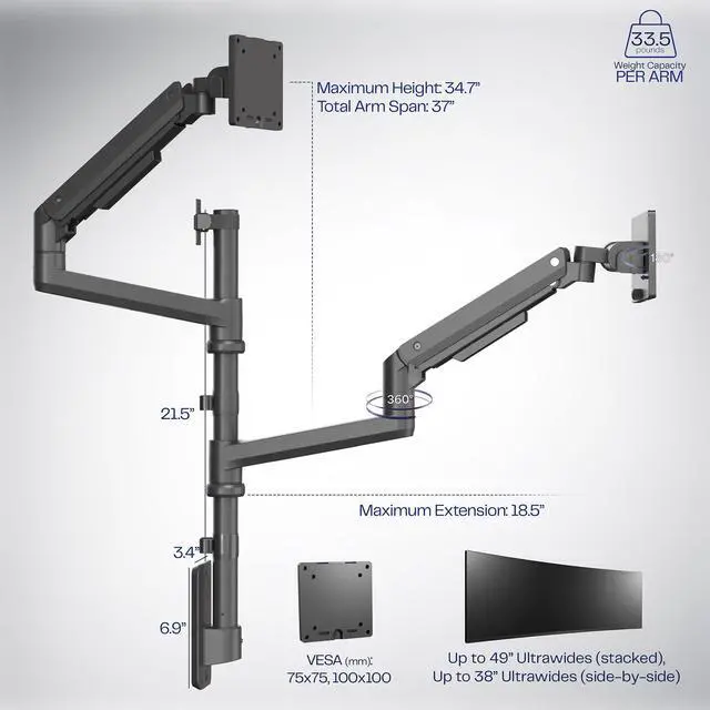 Alt view image 3 of 6 - Pneumatic Arm Dual Ultrawide Monitor Wall Mount for Up to 49 inch Screens, Holds 2 Ultra Wides Up to 33.5 lbs Each, Black, MOUNT-V120K