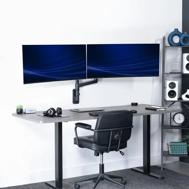 Alt view image 4 of 6 - Pneumatic Arm Dual Ultrawide Monitor Wall Mount for Up to 49 inch Screens, Holds 2 Ultra Wides Up to 33.5 lbs Each, Black, MOUNT-V120K