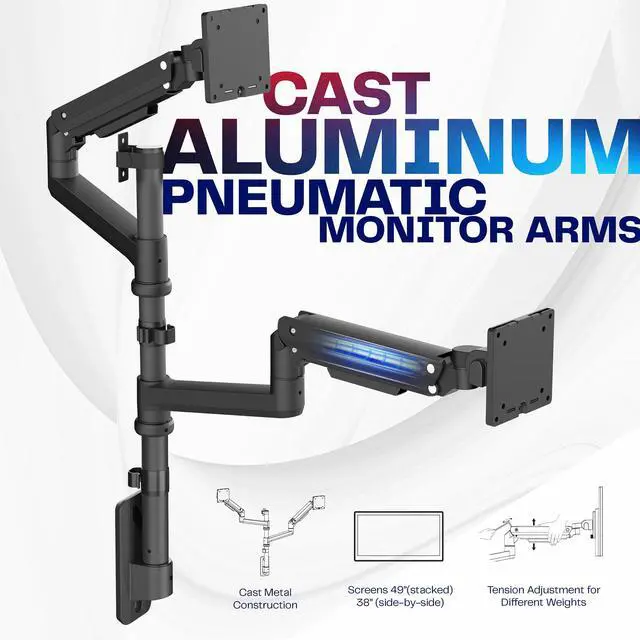 Alt view image 5 of 6 - Pneumatic Arm Dual Ultrawide Monitor Wall Mount for Up to 49 inch Screens, Holds 2 Ultra Wides Up to 33.5 lbs Each, Black, MOUNT-V120K