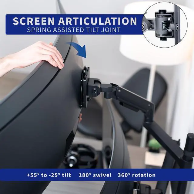 Alt view image 6 of 6 - Pneumatic Arm Dual Ultrawide Monitor Wall Mount for Up to 49 inch Screens, Holds 2 Ultra Wides Up to 33.5 lbs Each, Black, MOUNT-V120K