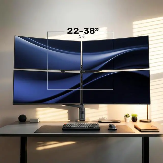 Alt view image 2 of 6 - Quad Ultrawide Wall Mount, Heavy Duty Pneumatic Arm Monitor Station, Fits Four 38 inch Screens, Pneumatic Height Adjustment and 140lb Weight Capacity, Black, MOUNT-V400D