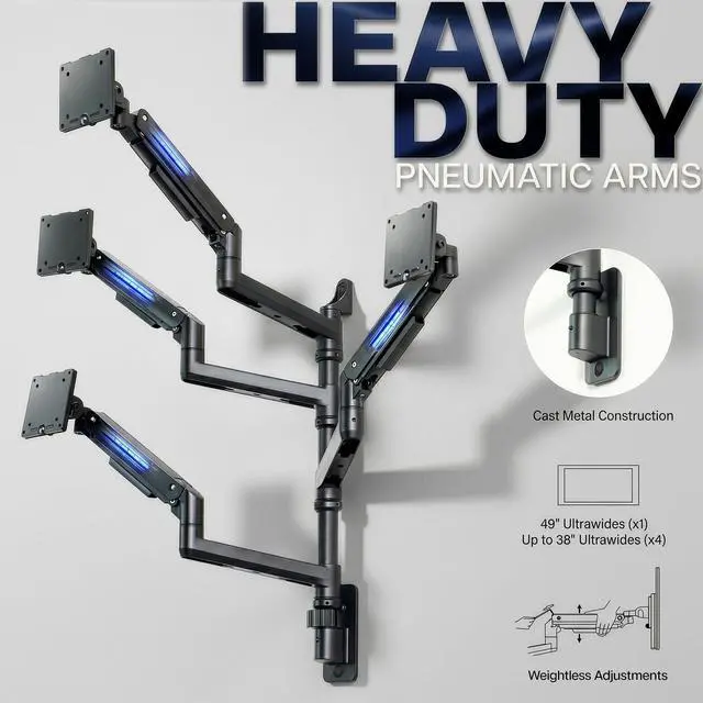 Alt view image 3 of 6 - Quad Ultrawide Wall Mount, Heavy Duty Pneumatic Arm Monitor Station, Fits Four 38 inch Screens, Pneumatic Height Adjustment and 140lb Weight Capacity, Black, MOUNT-V400D