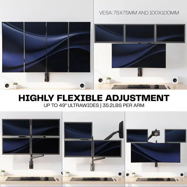 Alt view image 4 of 6 - Quad Ultrawide Wall Mount, Heavy Duty Pneumatic Arm Monitor Station, Fits Four 38 inch Screens, Pneumatic Height Adjustment and 140lb Weight Capacity, Black, MOUNT-V400D