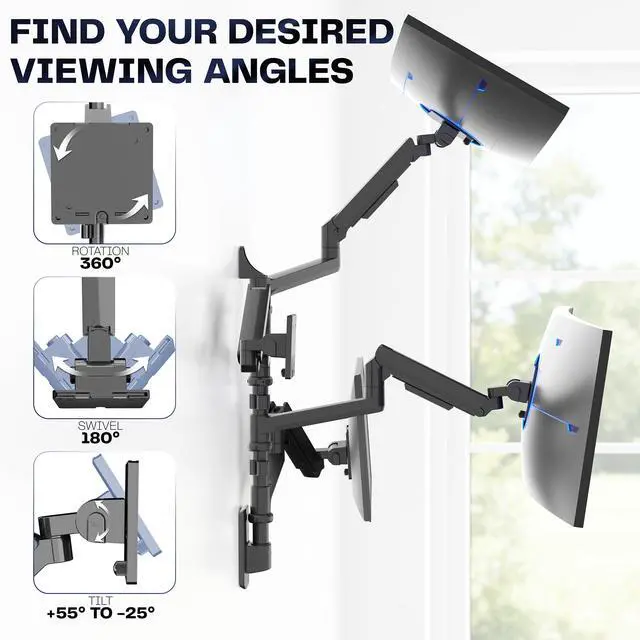 Alt view image 5 of 6 - Quad Ultrawide Wall Mount, Heavy Duty Pneumatic Arm Monitor Station, Fits Four 38 inch Screens, Pneumatic Height Adjustment and 140lb Weight Capacity, Black, MOUNT-V400D