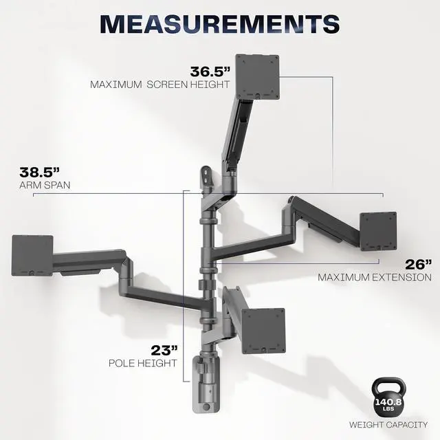 Alt view image 6 of 6 - Quad Ultrawide Wall Mount, Heavy Duty Pneumatic Arm Monitor Station, Fits Four 38 inch Screens, Pneumatic Height Adjustment and 140lb Weight Capacity, Black, MOUNT-V400D