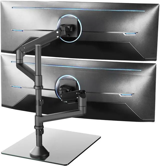 Main image of Pneumatic Arm Dual Ultrawide Monitor Desk Stand for Up to 49 inch Screens with Tempered Glass Base, Holds 2 Ultra Wides Up to 30.8 lbs, Black, STAND-V249FG