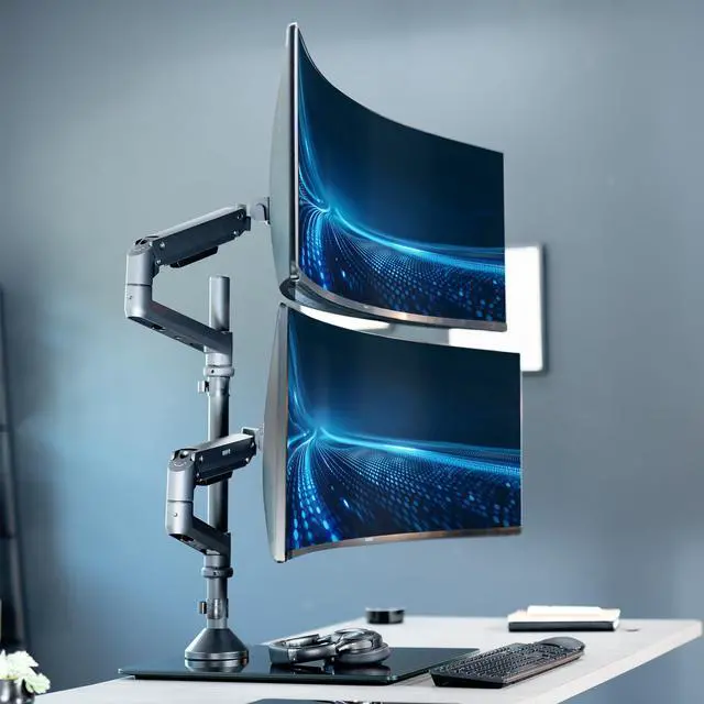 Alt view image 2 of 6 - Pneumatic Arm Dual Ultrawide Monitor Desk Stand for Up to 49 inch Screens with Tempered Glass Base, Holds 2 Ultra Wides Up to 30.8 lbs, Black, STAND-V249FG