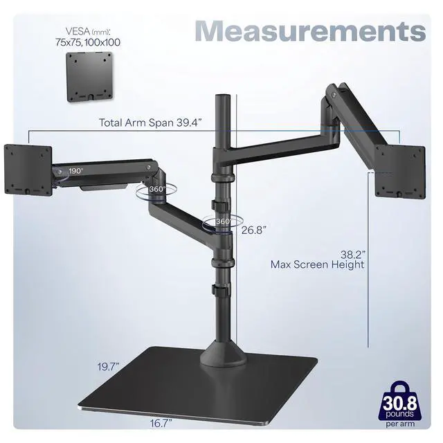 Alt view image 3 of 6 - Pneumatic Arm Dual Ultrawide Monitor Desk Stand for Up to 49 inch Screens with Tempered Glass Base, Holds 2 Ultra Wides Up to 30.8 lbs, Black, STAND-V249FG