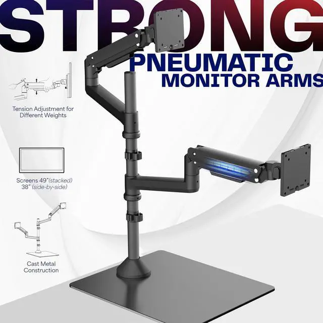 Alt view image 4 of 6 - Pneumatic Arm Dual Ultrawide Monitor Desk Stand for Up to 49 inch Screens with Tempered Glass Base, Holds 2 Ultra Wides Up to 30.8 lbs, Black, STAND-V249FG