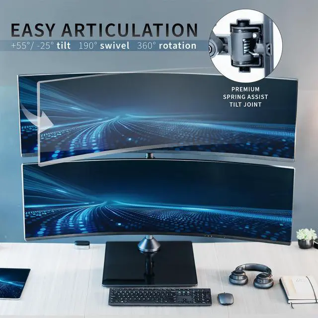 Alt view image 5 of 6 - Pneumatic Arm Dual Ultrawide Monitor Desk Stand for Up to 49 inch Screens with Tempered Glass Base, Holds 2 Ultra Wides Up to 30.8 lbs, Black, STAND-V249FG