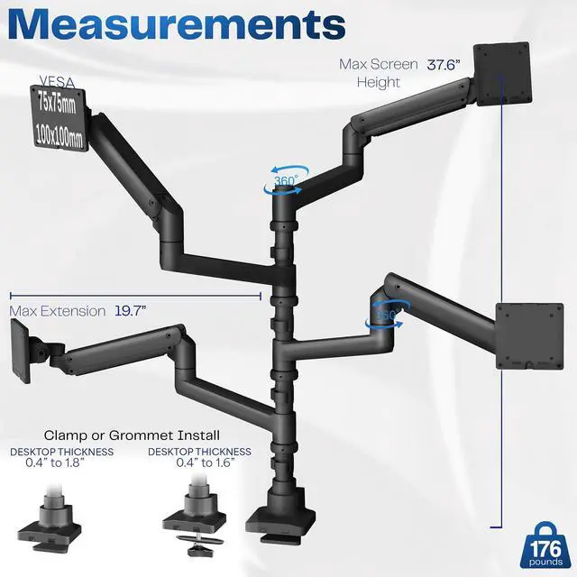 Alt view image 3 of 6 - Pneumatic Arm Quad Ultrawide Monitor Extra Tall Desk Mount for Up to 49 inch Screens Individual Arm Capacity, Max 38 inch Screens for 4 Ultra Wides Up to 44 lbs, Black, STAND-V400D