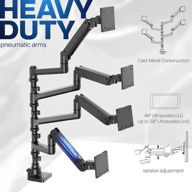 Alt view image 5 of 6 - Pneumatic Arm Quad Ultrawide Monitor Extra Tall Desk Mount for Up to 49 inch Screens Individual Arm Capacity, Max 38 inch Screens for 4 Ultra Wides Up to 44 lbs, Black, STAND-V400D