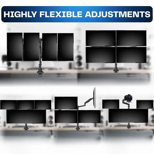 Alt view image 6 of 6 - Pneumatic Arm Quad Ultrawide Monitor Extra Tall Desk Mount for Up to 49 inch Screens Individual Arm Capacity, Max 38 inch Screens for 4 Ultra Wides Up to 44 lbs, Black, STAND-V400D