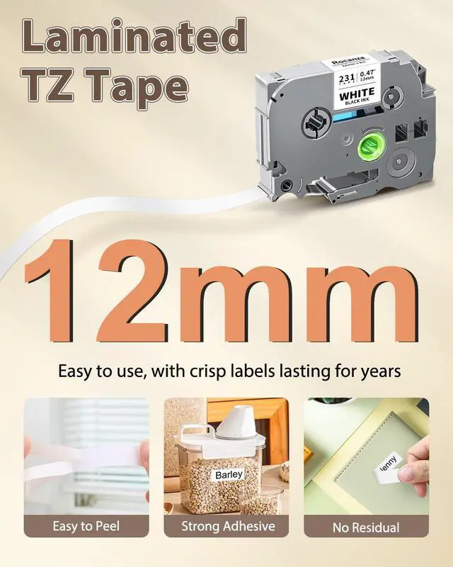 Alt view image 2 of 6 - 50-Pack TZe-231 TZe231 12mm 0.47 Laminated White TZ Tape Compatible with Brother P Touch Label Maker Tape RefillWork with Brother PTouch D220 PTD210 PTH110 PTH111 PTP710BT PTD400
