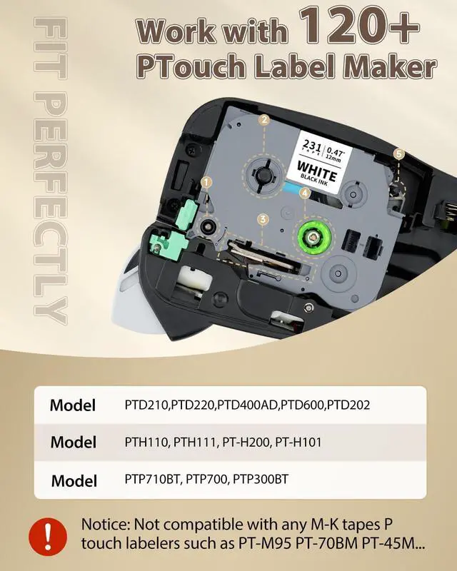 Alt view image 3 of 6 - 50-Pack TZe-231 TZe231 12mm 0.47 Laminated White TZ Tape Compatible with Brother P Touch Label Maker Tape RefillWork with Brother PTouch D220 PTD210 PTH110 PTH111 PTP710BT PTD400