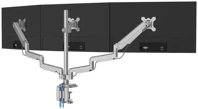Main image of Triple Monitor Mount with Gas Spring Arms, Fits 2432 Inch Screens, USB & Audio Ports, Full Motion Desk Stand with Tilt, Swivel & Rotation, Heavy Duty Silver 3 Screen Arm with Clamp