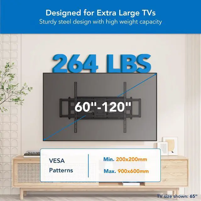 Alt view image 2 of 6 - Heavy Duty XXL Full Motion TV Wall Mount for Extra Large TVs, max VESA 900x600, Holds up to 264lb, Swivel Tilt Extension Adjustable TV Mount for 60" 65" 75" 80" 85" 90" 98" 100" 115" 120 in