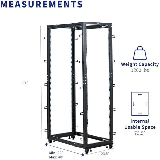 Alt view image 5 of 6 - 42U Freestanding Server Rack, Mobile Open Frame 22 to 40 inch Adjustable Network Server Cart, Black, CART-SR42U