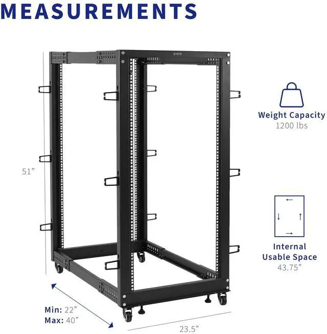 Alt view image 5 of 6 - 25U Freestanding Server Rack, Mobile Open Frame 22 to 40 inch Adjustable Network Server Cart, Black, CART-SR25U