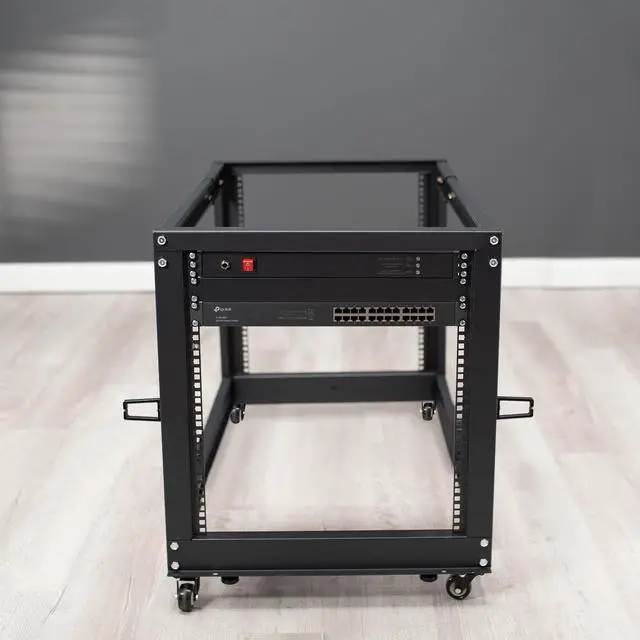 Alt view image 2 of 6 - 12U Freestanding Server Rack, Mobile Open Frame 22 to 40 Inch Adjustable Network Server Cart, Black Steel, CART-SR12U