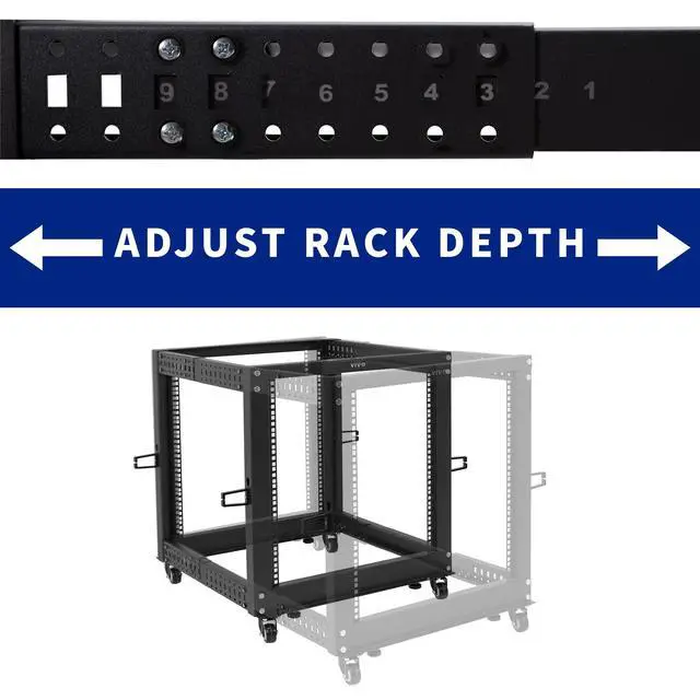 Alt view image 3 of 6 - 12U Freestanding Server Rack, Mobile Open Frame 22 to 40 Inch Adjustable Network Server Cart, Black Steel, CART-SR12U