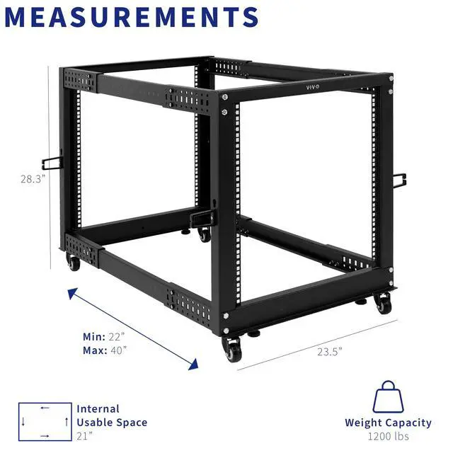 Alt view image 5 of 6 - 12U Freestanding Server Rack, Mobile Open Frame 22 to 40 Inch Adjustable Network Server Cart, Black Steel, CART-SR12U