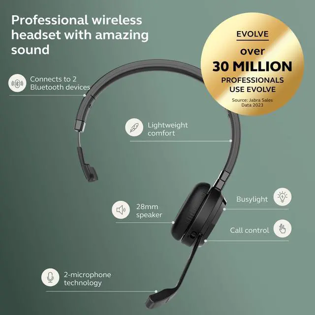 Alt view image 3 of 6 - Evolve 65 TE (Third Edition) Wireless Single-Ear Headphones - Noise-Canceling Mic, 16 hrs Battery Life, Dual Connectivity, Works with All UC Platforms Like Zoom & Google Meet, Black