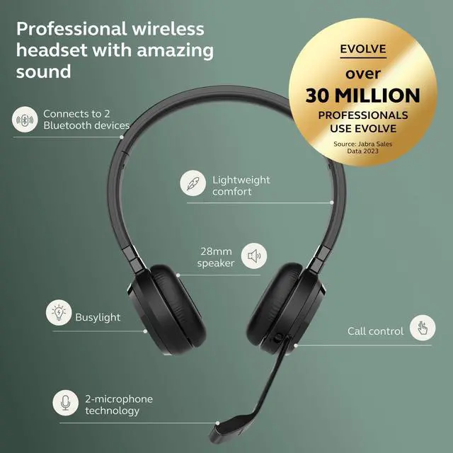 Alt view image 3 of 6 - Evolve 65 TE (Third Edition) Wireless Headphones - Noise-Canceling Mic, 16 hrs Battery Life, Connectivity, Works with All UC Platforms Like Zoom & Google Meet, Black