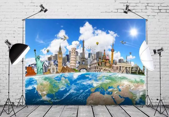Alt view image 2 of 6 - 20x10ft Fabric Around The World Travel Backdrop Global Travel World Map Photo Background Famous Landmark Earth Backdrop Home Decor Birthday Party Banner Kids Adult Portrait Photoshoot Props